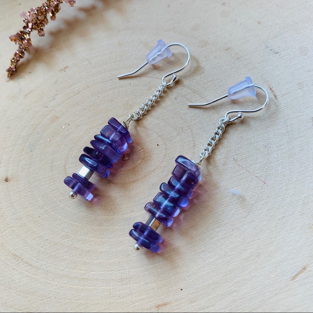 Amethyst Gemstone Crystal Purple Silver Earrings